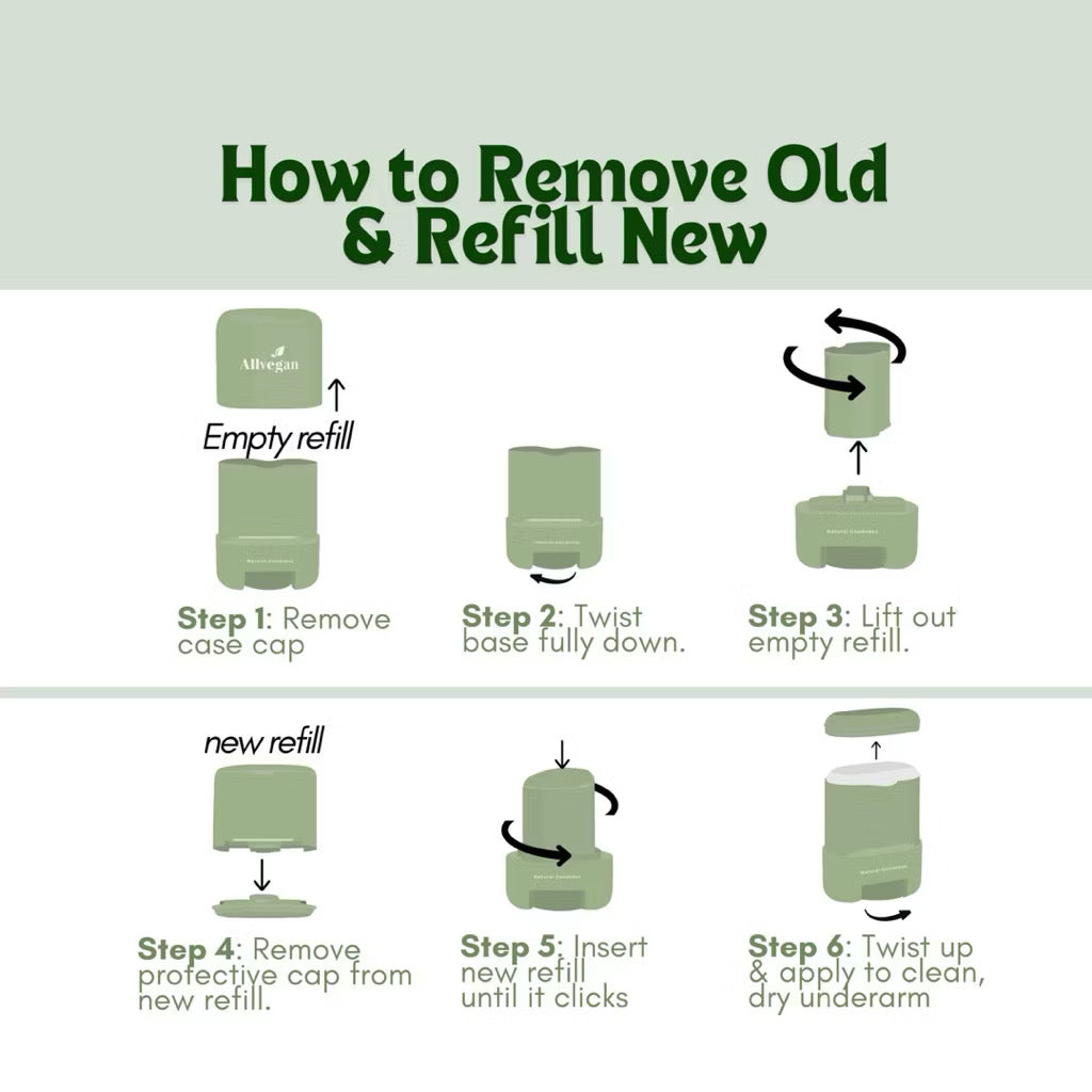 ALLVEGAN Refillable Natural Deodorant Stick - Case & Refill Included (Ready to use)