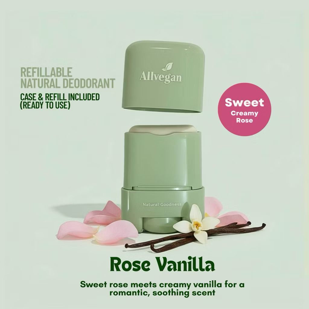 ALLVEGAN Refillable Natural Deodorant Stick - Case & Refill Included (Ready to use)