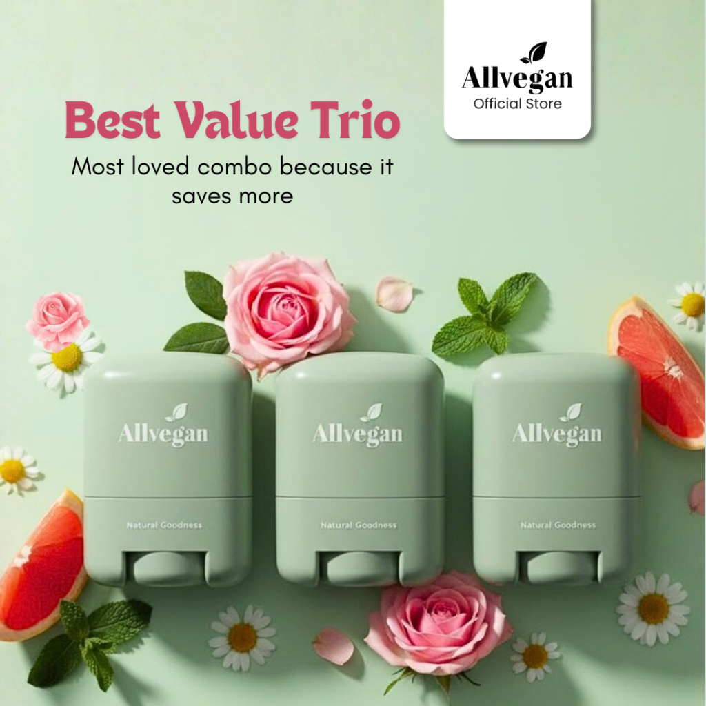 allvegan trio refillable natural deodorant stick case & refill included (ready to use)